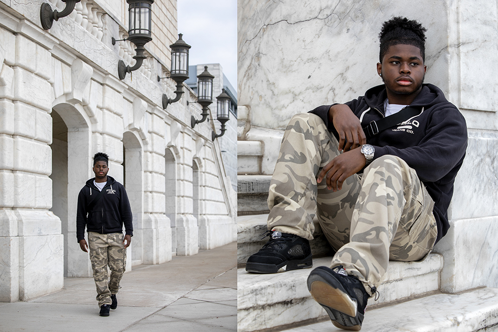 A young man in a black hoodie and camouflage pants strolls by the Detroit Institute of Arts' white stone exterior in one photo, then sits thoughtfully on its marble steps—perfect moments for senior pictures.