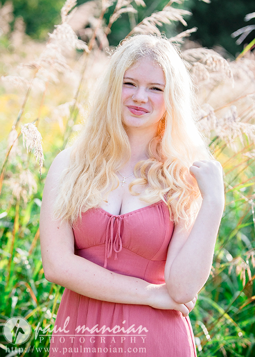 A high school senior girl with long blonde hair wearing a sleeveless pink dress stands outdoors in a grassy field. Alyvia smiles slightly with her right arm bent and hand resting near her face. Sunlight illuminates the scene. Text at the bottom reads "paul manoian PHOTOGRAPHY - Livonia Senior Portraits.