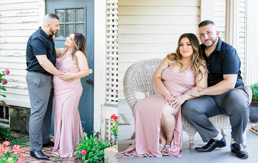 A couple poses for photos outside a building. On the left, they stand by a door, with the man in a black shirt and gray pants holding the woman, who is wearing a pink dress. On the right, they sit together on a wicker chair, holding hands and smiling.