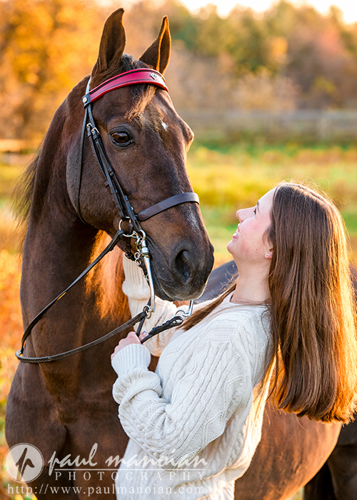 A high school senior in a white sweater is joyfully holding the reins of a dark brown horse adorned with a red headband. Captured in this perfect fall setting, amidst vibrant foliage, this moment embodies the art of photography and showcases the harmony between humans and horses.