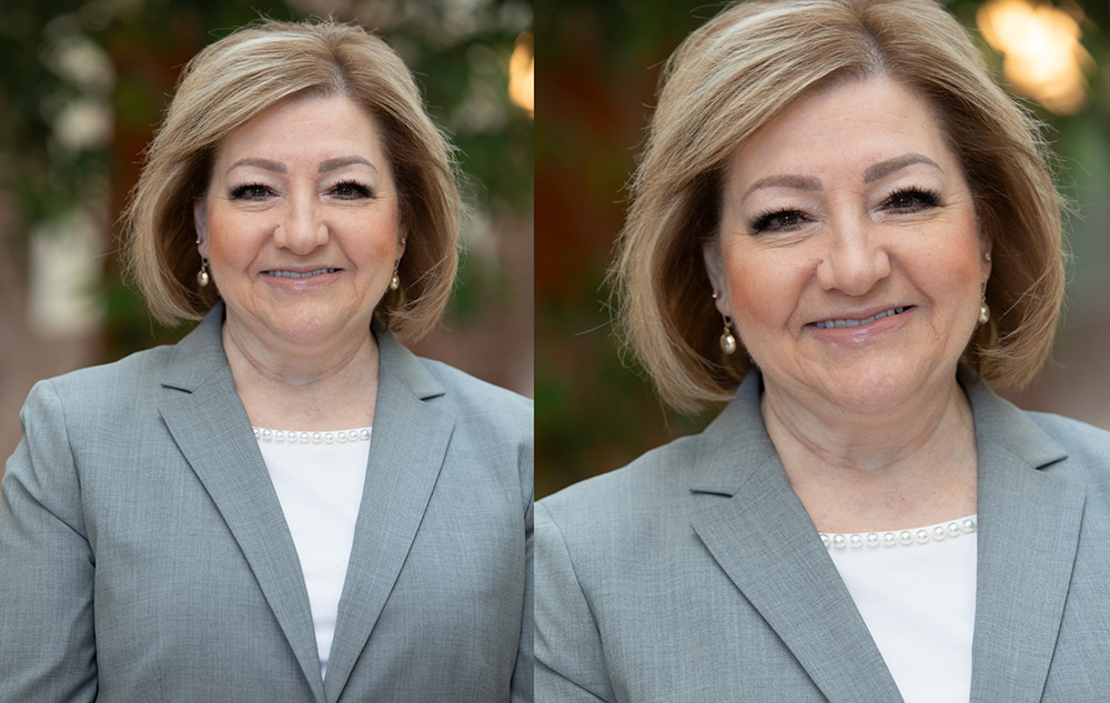 A woman with shoulder-length light brown hair is smiling while wearing a light gray blazer over a white top for her new LinkedIn Professional Headshot. The background is blurred with greenery. Two similar side-by-side images feature slightly different angles.