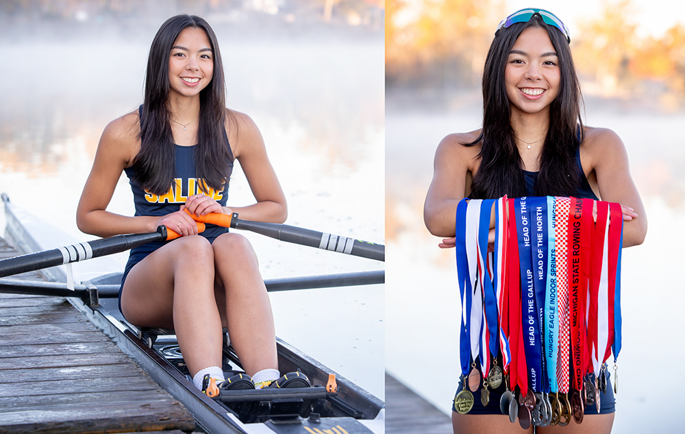 A high school senior in a rowing outfit sits in a boat by the water, holding oars for her rowing crew senior pictures session. Beside, the same person smiles and displays numerous medals with diverse ribbons. The background features a misty, serene lake and autumn foliage.