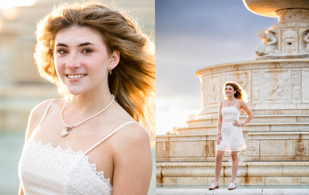 A young woman in a white lace dress stands confidently in front of a large, ornate stone fountain. On the left, a close-up shows her smiling with the sun lighting her hair. The sky is blue with some clouds.
