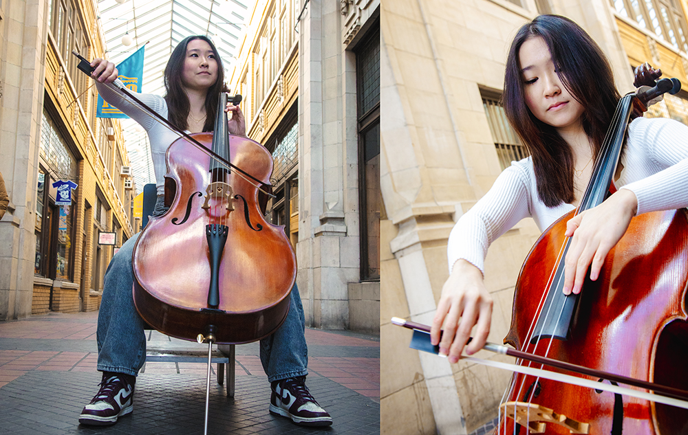 Split image of a high school senior playing the cello in the ornate Nickels Arcade. Left: She sits focused, holding the cello. Right: Close-up of her hands skillfully playing the strings. In casual jeans and a white top, it's clear this capture is perfect for Ann Arbor senior pictures.