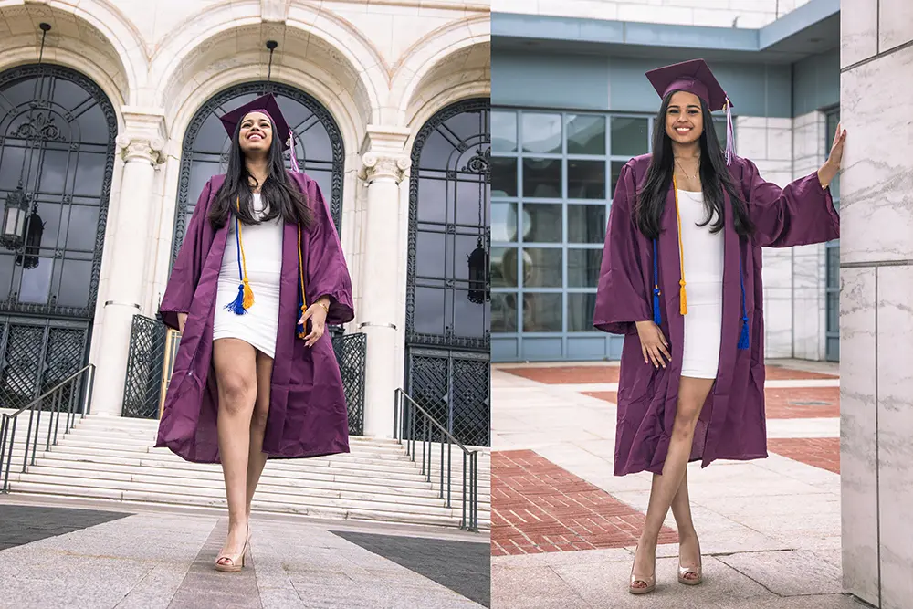 A high school senior girl in a purple graduation gown and cap stands n front of the Detroit Institute of Arts for her Detroit senior portraits session with Detroit photographer, Paul Manoian. She wears a white dress and beige heels, smiling in both images. The background features large arched doors on the left and a modern building facade on the right.