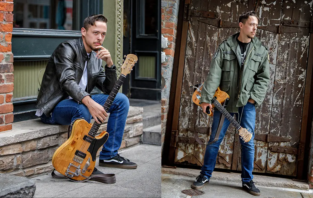 Senior Pictures Outfits Ideas for Guys in 2025: A high school senior sits on a stone ledge with a guitar in the left image for his Detroit senior pictures session with Detroit photographer, Paul Manoian, wearing a black leather jacket and jeans. In the right image, he stands holding a guitar, wearing a green jacket and jeans, with a rustic door in the background.