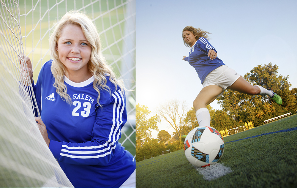Left: A high school senior in a blue soccer jersey with the number 23, smiling and leaning against a goal net. Right: The same person in action, kicking a soccer ball on a field with clear skies and trees in the background for her soccer senior pictures session.