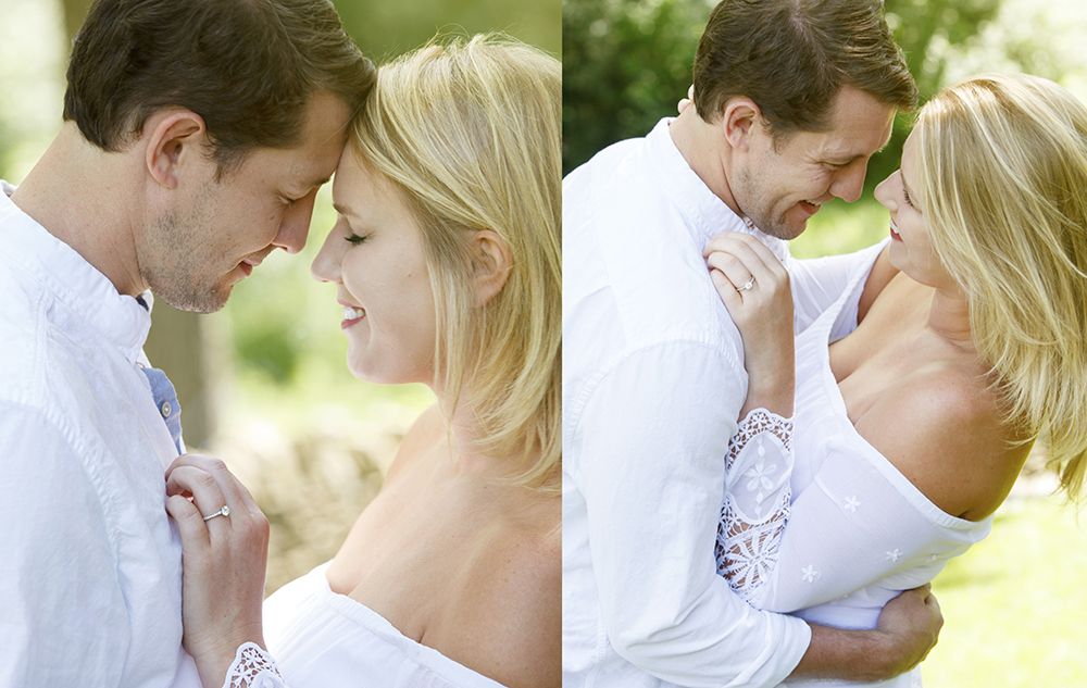 A couple in white clothing shares a romantic moment outdoors. On the left, they lean in forehead to forehead with eyes closed. On the right, they embrace and smile at each other. The background is a blurred, lush green setting.