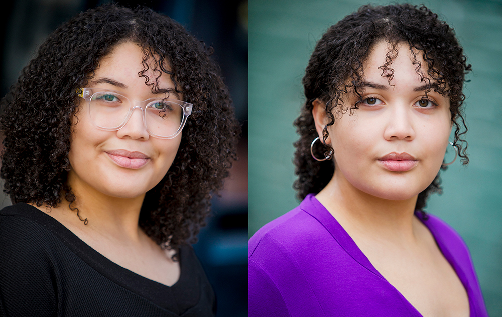 A split image of the same woman. On the left, she wears glasses and a black top, smiling slightly. On the right, she wears a purple top and hoop earrings with a neutral expression. Both images feature her curly hair.