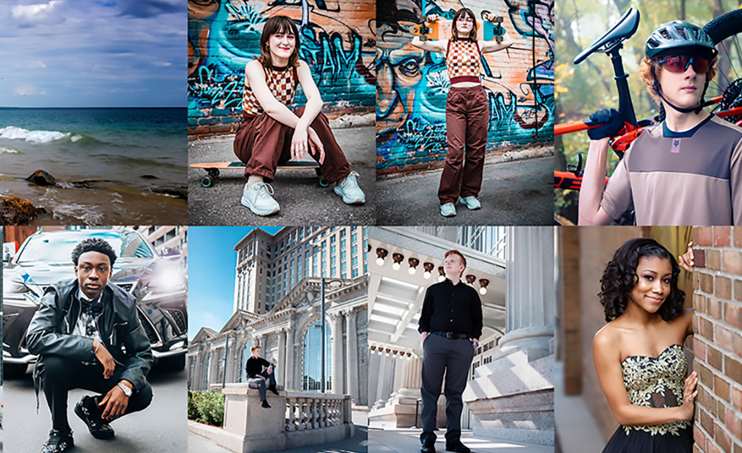A collage of 15 diverse people in various outdoor and urban settings, featuring activities like skateboarding, musical instruments, and posing near landmarks. Each graduating senior for their Detroit senior pictures session embodies unique style and expression, showcasing varied backgrounds and interests.