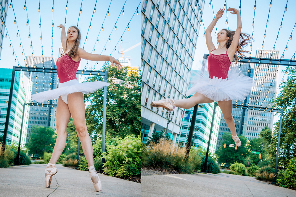 A ballerina in a pink leotard and white tutu performs poses on pointe on a city sidewalk. She gracefully arches her back in one frame and is captured mid-leap in the other. Buildings and string lights are visible in the background.