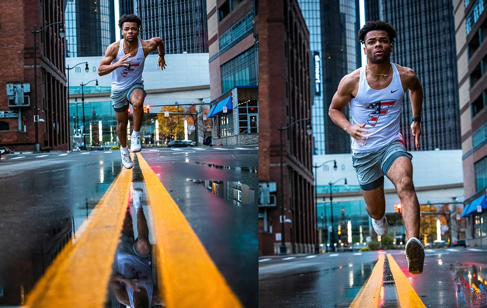 A man in athletic wear runs down a city street, with buildings and wet pavement visible. The left side shows a close-up with his reflection on the road, and the right side shows him from the front, mid-stride, wearing a white tank top and shorts.