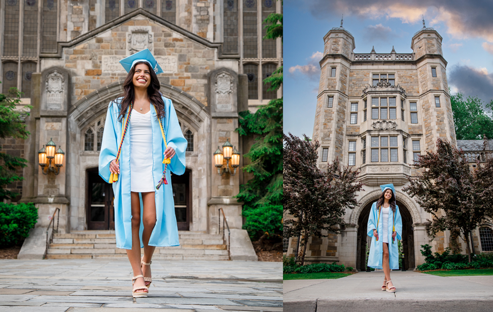 A young woman in a light blue graduation cap and gown smiles while standing in front of a historic stone building, holding her diploma; another photo shows her posing for senior pictures with flowers under the building’s elegant archway.