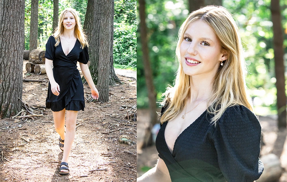 A high school senior girl with long blonde hair in a black dress and sandals walks through a sunlit forest during her Nichols Arboretum senior pictures session. The left image captures her approaching the camera; the right is a close-up of her smiling among trees.