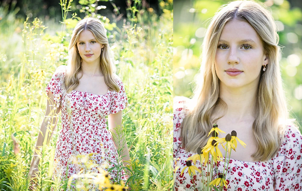 A high school senior girl with long blonde hair in a floral dress stands in a sunlit field of yellow wildflowers during her Nichols Arboretum senior pictures session. The image is split, showing both a full-body and a close-up portrait among the tall green plants.