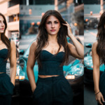 A woman with long brown hair, wearing a dark pinstriped outfit, poses confidently in front of a teal sports car on a city street in three different shots.
