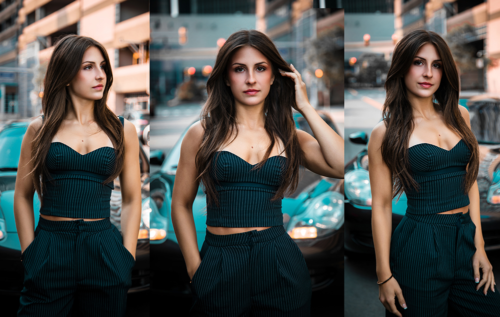 Senior Pictures Outfit Ideas for Girls in 2026:  A high school senior girl with long brown hair, wearing a dark pinstriped outfit, poses confidently in front of a teal sports car on a city street in three different shots.