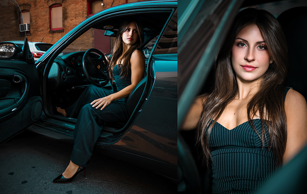 A high school senior girl with long brown hair, wearing a dark pinstripe jumpsuit and black heels, sits in the driver's seat of a car with the door open. A close-up of her face is shown on the right.