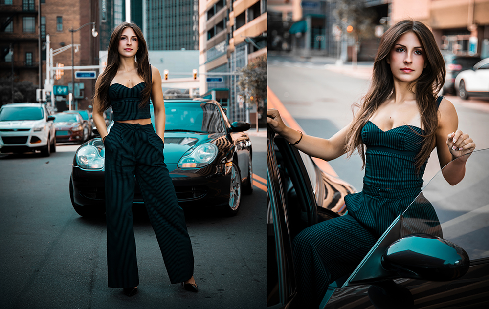 Two photos of a high school senior girl with long brown hair in a black outfit, standing and sitting by a black car on a city street with buildings and cars in the background for her senior pictures session.