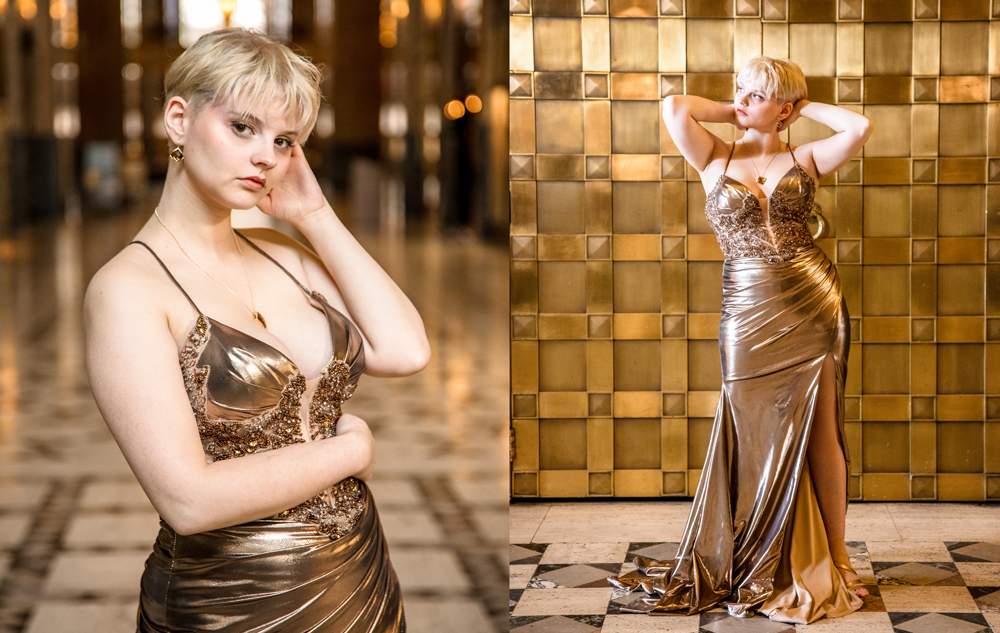 A person with short blonde hair wears a shiny gold evening gown. The left image shows them posing with one hand touching their face; the right shows them standing confidently in front of a gold tiled wall.