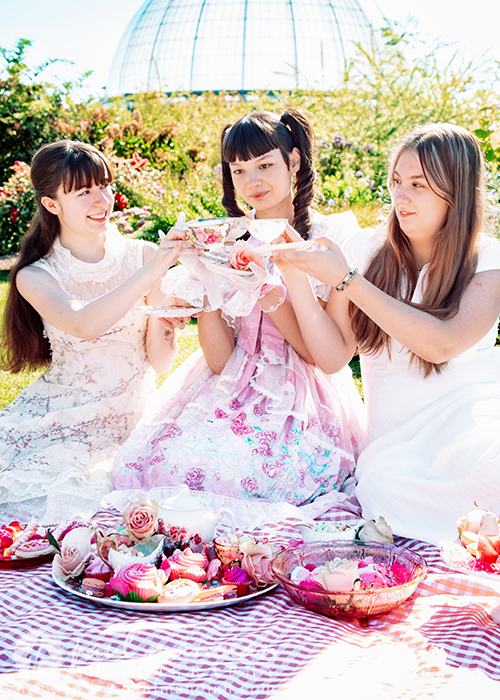 Three young high school senior girls in pastel dresses sit on a picnic blanket outdoors, sharing tea and colorful treats amid flowers during a vintage tea party senior pictures session, with a glass-domed building in the background.
