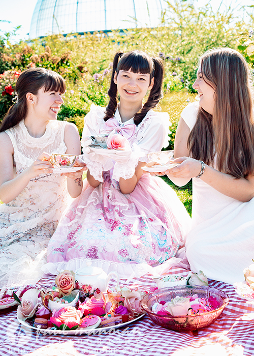 Three high school senior girls sit on a red checkered picnic blanket in a garden, smiling and holding teacups during a vintage tea party senior pictures session. One wears a pink frilly dress, the others wear white. Flowers and tea sets adorn the blanket.