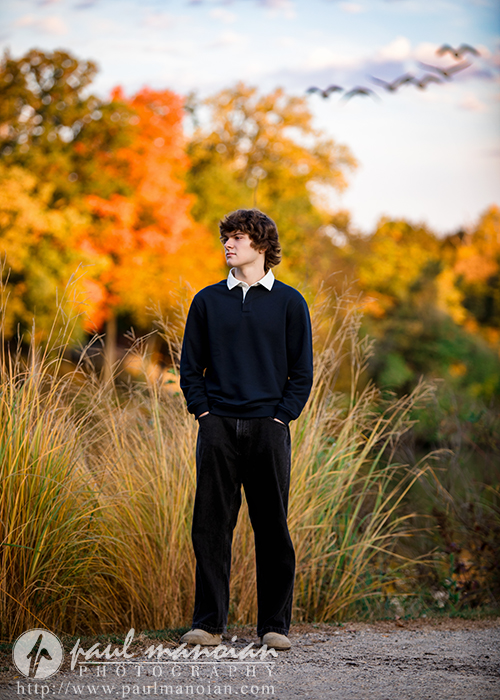 A young man with curly hair, wearing a dark sweater and pants, stands outdoors among tall grass during his Birmingham senior pictures session. Trees with autumn foliage and a flock of birds flying in the sky are visible in the background.