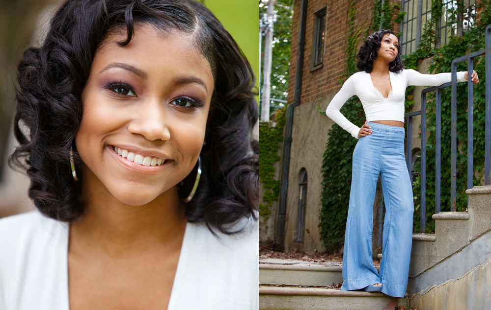 Side-by-side photos of a young woman with short curly hair, wearing hoop earrings, a white crop top, and high-waisted blue pants. She smiles in a close-up and poses confidently outdoors on stone steps.