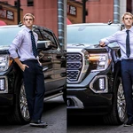 A young man in a light shirt, patterned tie, and dark trousers poses by a black pickup truck on a city street, with one photo showing him leaning and the other standing straight with one hand on the truck.