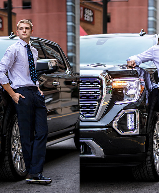 A young man in a light shirt, patterned tie, and dark trousers poses by a black pickup truck on a city street, with one photo showing him leaning and the other standing straight with one hand on the truck.