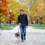 A young man wearing glasses, a black shirt, and jeans walks a brown and white dog on a leash along a tree-lined path covered with autumn leaves. The trees have orange, yellow, and green foliage.