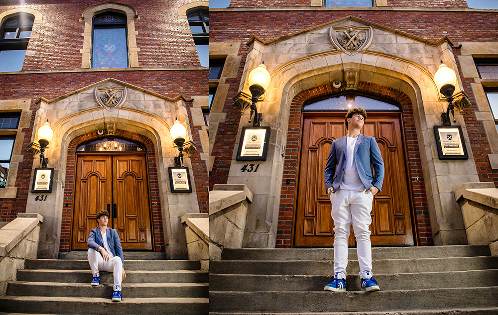 Senior Pictures Outfits Ideas for Guys in 2025 Senior Pictures Outfits Ideas for Guys in 2026: A high school senior boy in white pants, blue shoes, and a blue jacket poses on stone steps in front of a large, ornate wooden door of a brick building, shown in two different poses side by side.