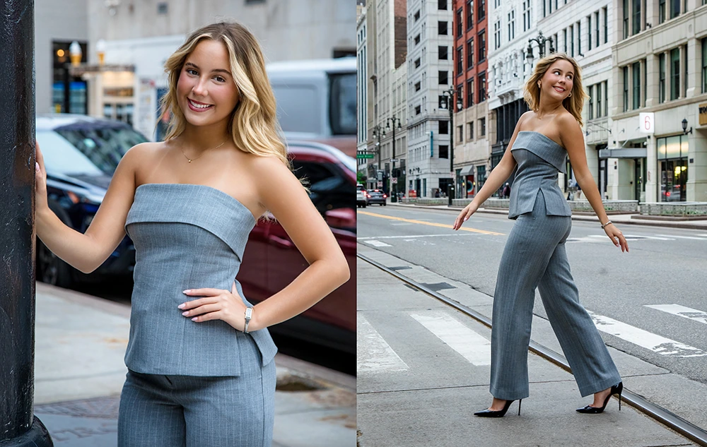 Senior Pictures Outfit Ideas for Girls in 2026: A high school senior girl wearing a stylish gray strapless pantsuit poses confidently on a city sidewalk, smiling at the camera in one photo and looking to the side while standing in the street in another.