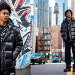 A young man wearing a shiny black puffer jacket, black pants, and sneakers stands in front of a graffiti wall (left) and on a city street with tall buildings in the background (right).