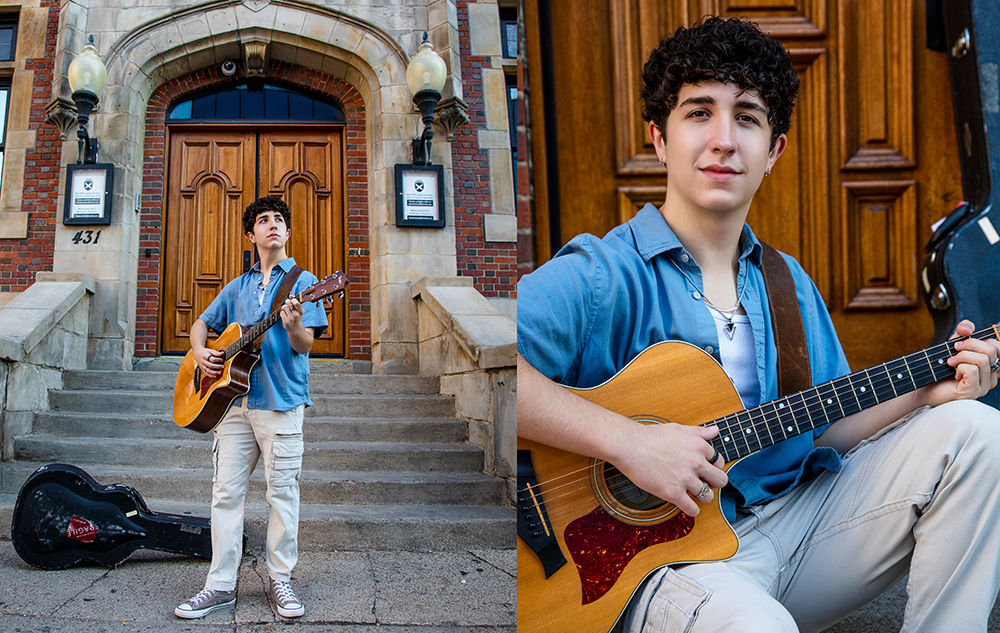 Senior Pictures Outfits Ideas for Guys in 2025 Senior Pictures Outfits Ideas for Guys in 2026: A high school senior boy with curly hair plays an acoustic guitar in front of a building with large wooden doors. In one image, he stands on stone steps; in the other, he sits, smiling, holding the guitar. A guitar case rests nearby.