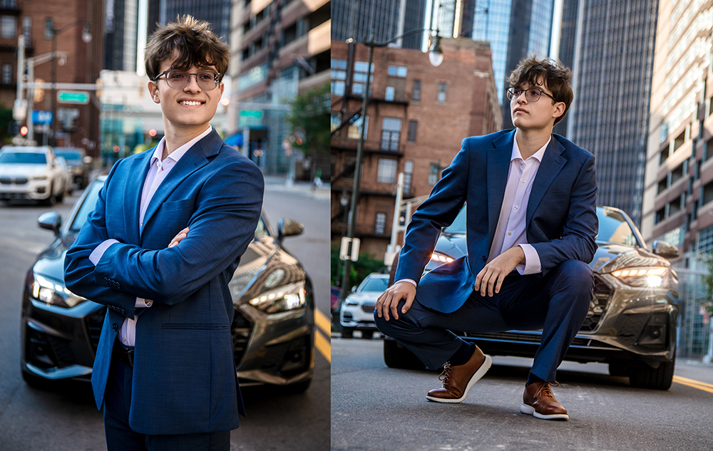 A young man in a blue suit poses confidently in front of a car on a city street, standing with arms crossed in one image and squatting in the other, surrounded by tall buildings.