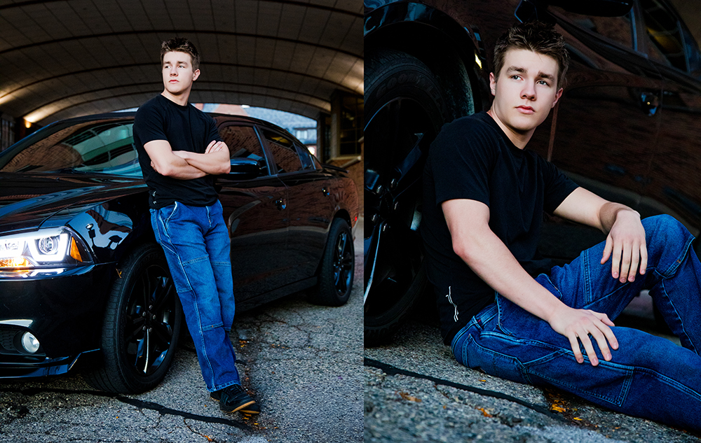 A young man in a black t-shirt and blue jeans poses outdoors with a black car; in one photo he stands, arms crossed, leaning on the car, and in the other, he sits by the car with a thoughtful expression.