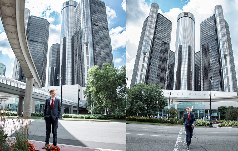 Split image showing a man in a suit and tie standing and walking outside a cluster of tall, glass skyscrapers under a blue sky with clouds—perfect for a summer senior pictures session. Green trees and a monorail track are visible in the background.