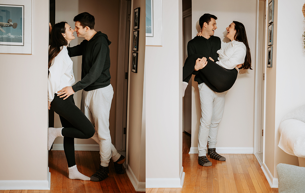 Two photos side by side show a young couple smiling at each other in a hallway. In the first, they stand close together. In the second, the man lifts the woman as they both laugh, enjoying a playful moment.