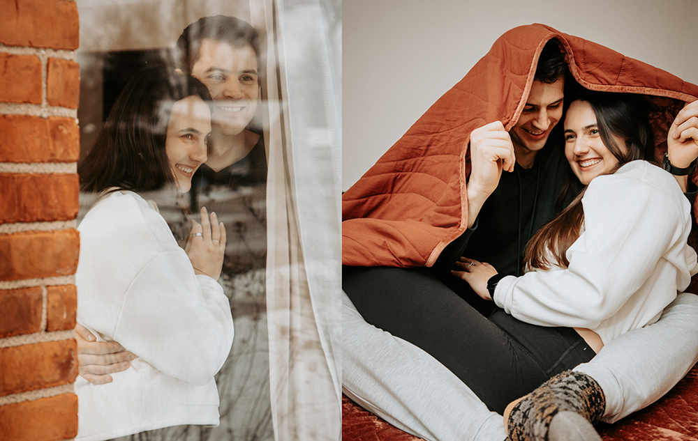 A couple is shown in two scenes: smiling together by a window with brick outside and happily sitting under a red blanket indoors, both looking cozy and affectionate.