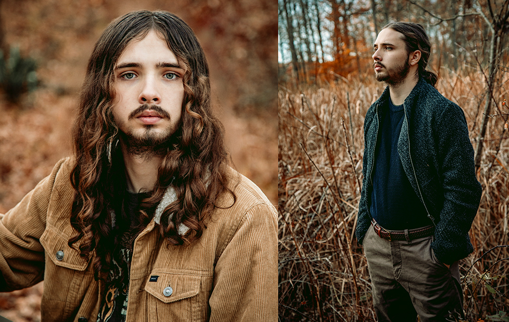 A high school senior boy with long, wavy brown hair and a beard stands outdoors among autumn foliage during his fall senior pictures session. In one photo, he wears a tan corduroy jacket; in the other, he dons a dark coat and gazes into the distance.