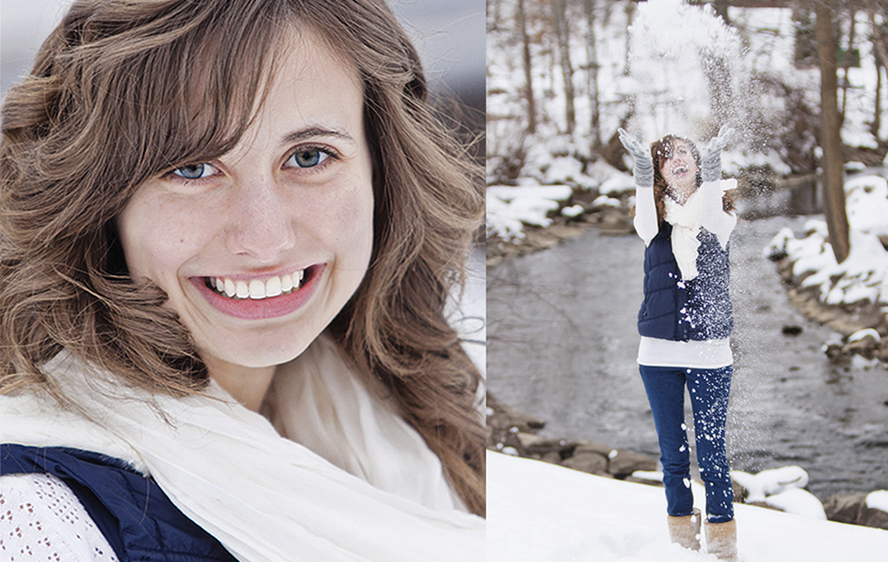 A high school senior girl with long brown hair and blue eyes smiles in a close-up portrait on the left; on the right, she joyfully throws snow in the air by a creek during her winter senior pictures session in a snowy forest.
