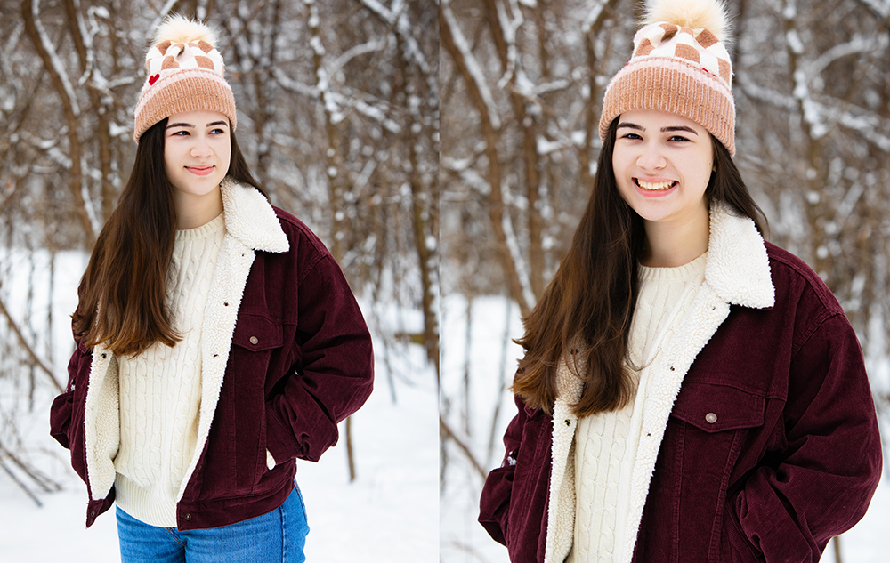 A high school senior girl with long dark hair wears a pink knit hat with a pom-pom, a white sweater, a maroon jacket, and jeans. During her winter senior pictures session in a snowy forest, she smiles in one shot and looks to the side in another.
