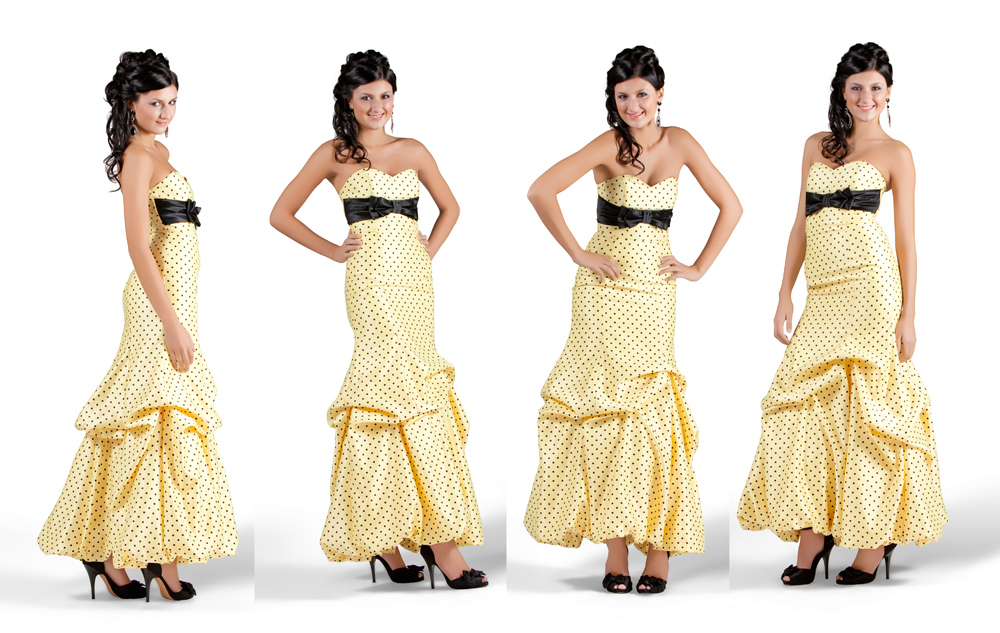 A woman in four poses wears a yellow, strapless, floor-length dress with black polka dots and a black belt, accessorized with black high heels—capturing the elegance often seen in pageant headshots—against a white background.