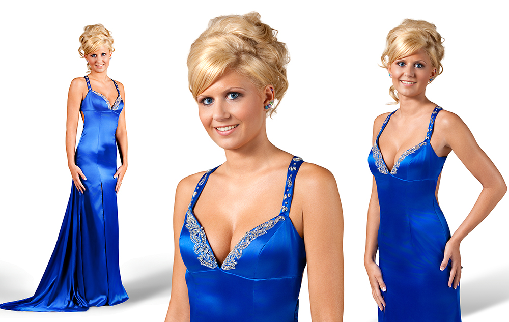 A woman with blonde hair in an updo wears a long, royal blue satin evening gown with jeweled straps. Perfect for pageant headshots, the image shows full-body, medium, and close-up views on a white background.
