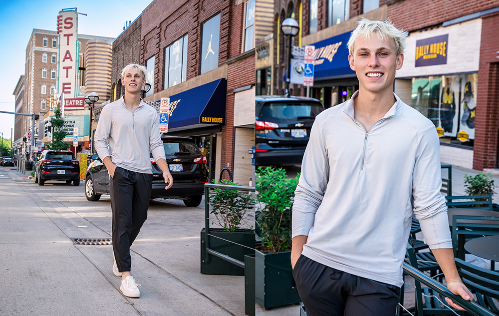 Senior pictures in downtown Ann Arbor with urban storefronts