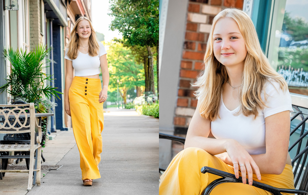Dexter High School senior with long blonde hair in a white top and yellow pants, smiling as she walks and sits outdoors for her senior pictures session with award winning photographer, Paul Manoian
