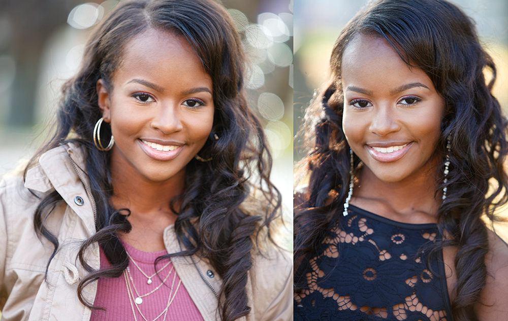 Two young women with long, wavy hair smiling outdoors, wearing casual and dressy outfits showcasing the natural feel of outdoor photography for an Indoor vs Outdoor Headshots comparison.
