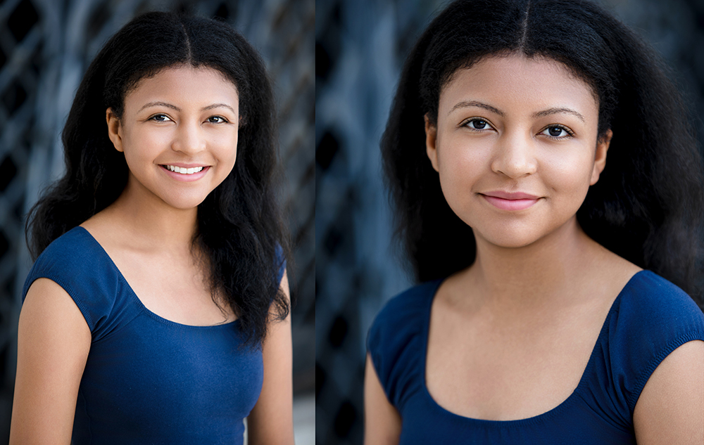Young woman with long dark hair and a blue top, perfect for headshots, smiling in one photo and looking calm in the other—showcasing What to Wear for Headshots.