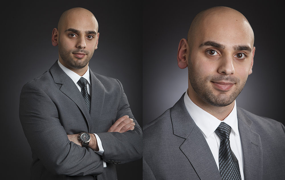 A man in a gray suit, demonstrating What to Wear for Headshots, poses against a dark background—arms crossed in one photo and a classic headshot in the other.
